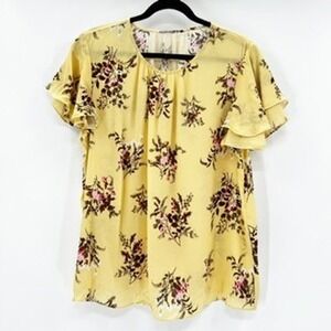 Elie Tahari Womens Yellow Floral Flutter Sleeve Scoop Neck Blouse Top XL